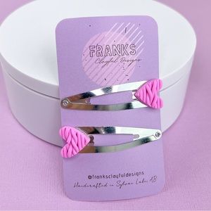 Pink Chunky Knit Heart Handmade Polymer Clay Hair Clips